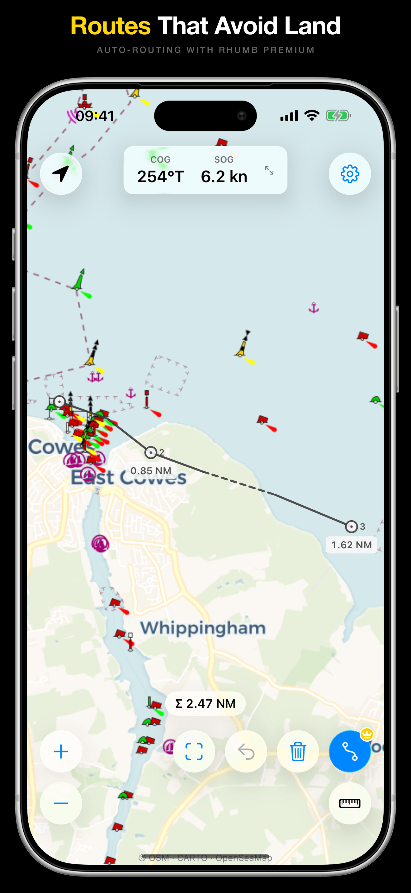 Auto-routed passage on the chart with a dashed land crossing